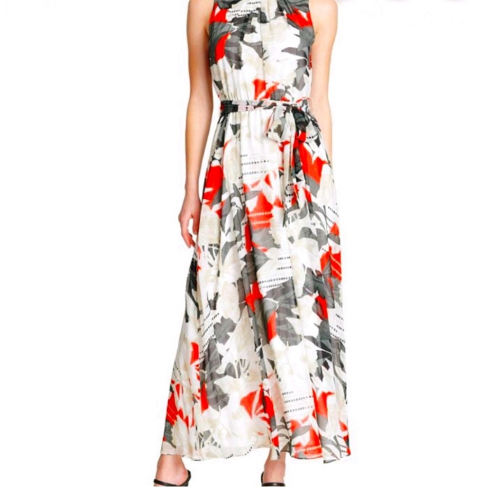 Calvin Klein Floral Maxi Dress in Red Gray Cream Lined Size 8